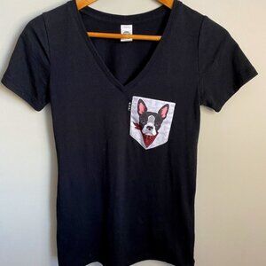 P F Women's Black Short Sleeve Boston Terrier V-neck Pocket Tee‎ Size X-small